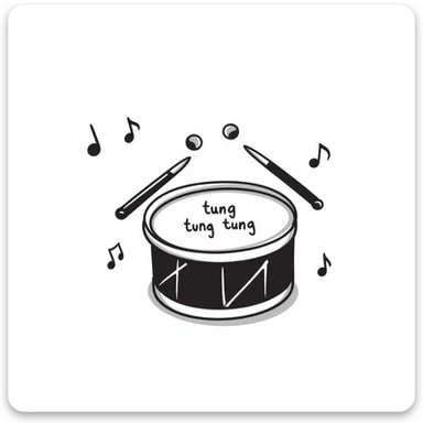 a cartoon drum with drumsticks and musical notes, with the phrase 'tung tung tung tung sahur' in a playful hand drawn doodle style sticker
