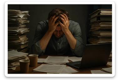 A person sitting at a desk with their head in their hands, surrounded by piles of work, symbolizing burnout and stress. sticker