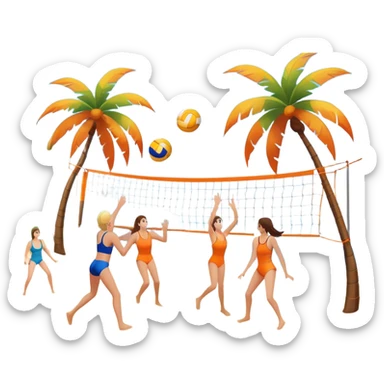 The scene captures a sunny sea beach atmosphere with clear blue sea and sky, palm trees swaying, and people in swimsuits enjoying the vibrant surroundings. A volleyball resting on the orange sand ground of a beach, with a volleyball net in the background.  sticker