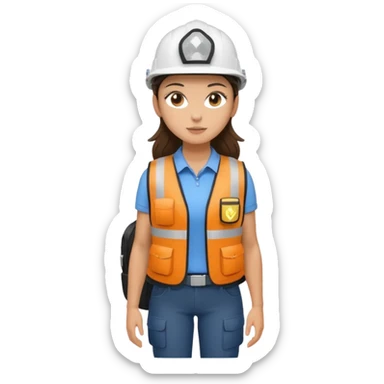 Brunette brown Girl full body standing with her white security helmet and security vest on, also with her black backpack sticker