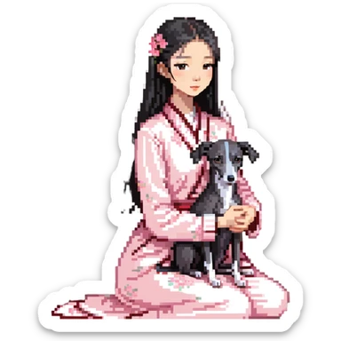 A young Chinese girl with long black hair and a pure dark grey Italian Greyhound with absolutely NO white markings anywhere on its body sitting under a cherry blossom tree. The dog must be completely solid dark grey with no white on muzzle, paws, or chest. sticker