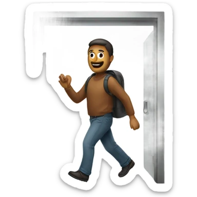 A man exiting through the exit door sticker