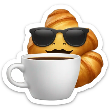A croissant with a face with a mustache that drinks a cup of coffee sticker