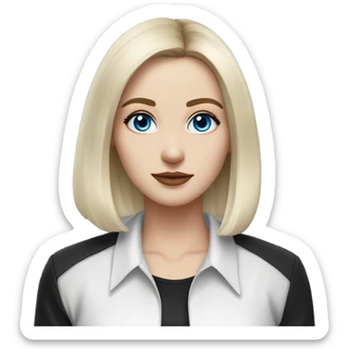 waist-length portrait, look up, Slavic adult woman, goth eyes makeup, blue eyes, medium bob black-to-blonde ombre straight hair, white T-shirt and black office jacket. sticker