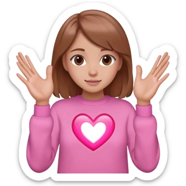 girl in pink sweater with light brown hair shows heart with hands sticker
