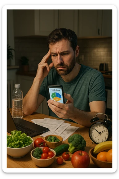  a man sits at his kitchen table, reviewing a food diary or nutrition app on his phone, with a perplexed look. Around him are healthy meal ingredients and a water bottle, but also subtle hints of stress (bills, work laptop) and lack of sleep (alarm clock showing late hour). The mood is thoughtful, highlighting the hidden factors behind weight. sticker
