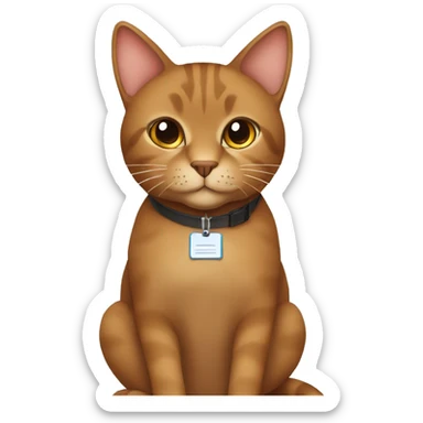 brown cat with a name tag saying avgustina sitting at a desk infront if a laptop sticker