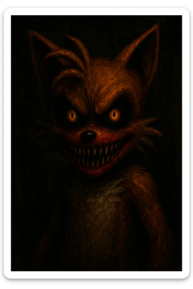 Tailsanator.OBM from Sonic the Hedgehog in horror style with black eyes, yellow-orange pupils, dark orange fur, sharp pointy teeth, red lips, menacing expression, scary atmosphere sticker