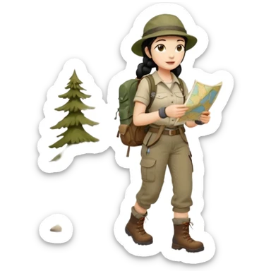 A braid black hair backpacking woman checking her map with curious eyes while walking wear camping hat and dirt covered boots full body sticker
