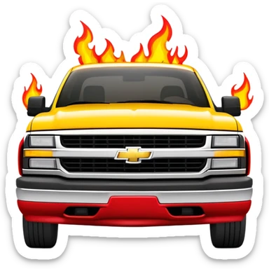 Bright yellow 1997 Chevrolet C-2500 Crew Cab Silverado from Kill Bill with red flame decals on the front hood, 30-degree view showing flames clearly, iOS emoji style sticker