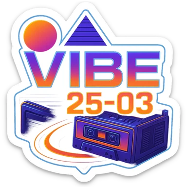 Remove the Rubik's cube and focus on a large cassette player boombox as the main retro element for the VIBE25-03 logo. Maintain the neon synthwave style and vibrant colors with no background, transparent background. sticker