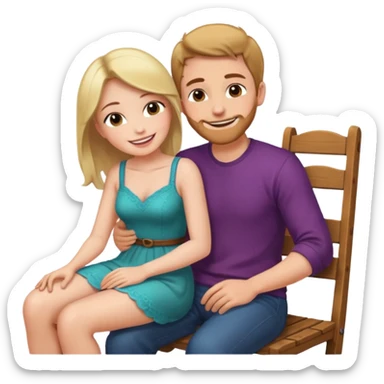 A woman sitting on a man's lap straddling him on an armless wooden chair.face to face  sticker