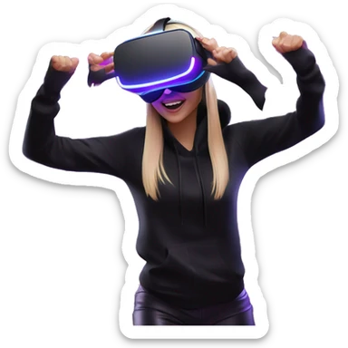Russian girl wearing black hoody with violet letters "OMG", in vr headset oculus quest2. Dancing. Cyberpunk style. Violet neon. sticker