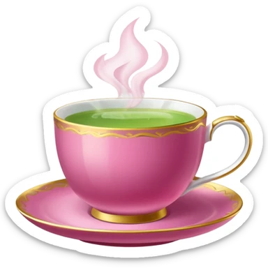 dark pink teacup filled with green tea, placed on a matching pink saucer, with gentle steam rising from the cup, golden details sticker