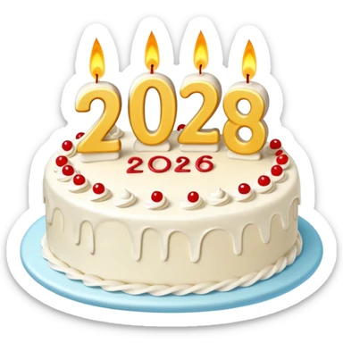 A festive New Year cake with lit candles shaped as the number 2026,
warm lighting, celebratory atmosphere,
soft background, high quality, clean composition sticker