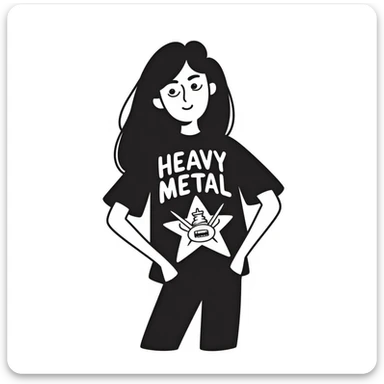 A person with long black hair, wearing a heavy metal band shirt, with a cool smirk on their face sticker