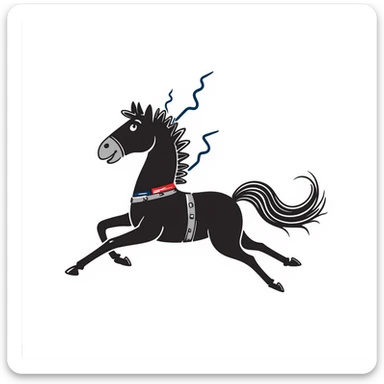 Fast running electric horse constructed from metal plates, bolts, blue and red wires, with electricity and lightning coursing through its body sticker