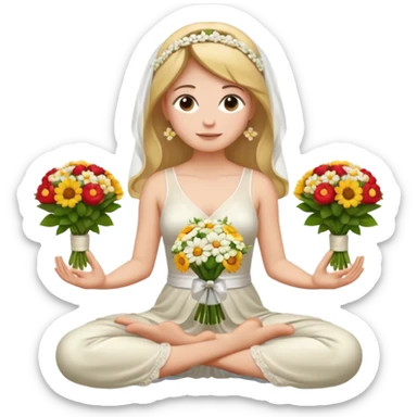 bride sitting cross-legged meditating with bouquet in hands, emoji style sticker