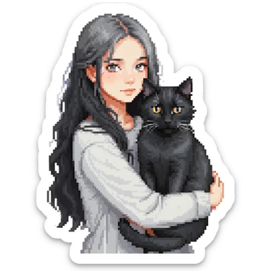Beautiful girl with long black hair hugs a gray and blond mixed breed cat sticker