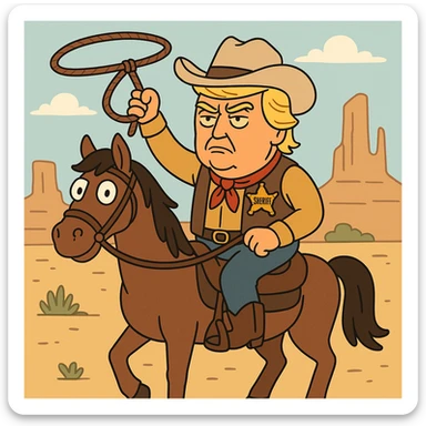 Donald Trump as a cowboy, riding a horse, with a sheriff badge, western desert background, cartoon style sticker