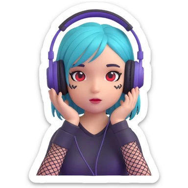emo girl, fishnet sleeves, dyed hair with streaks, headphones, shy expression, modern emoji style sticker