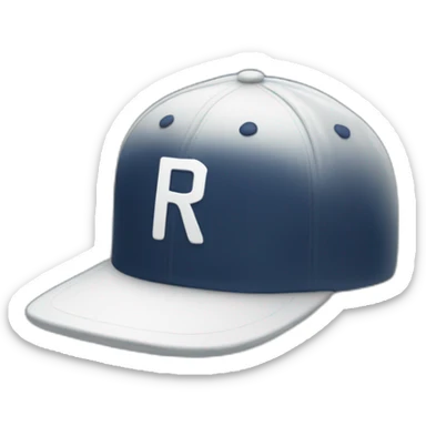 a navy baseball cap with a small white letter R on the front, seen from the side sticker