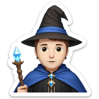 A white-skinned man with brown hair stands in sharp black clothing. He wears a pointed wizard hat and cape, holding a wooden staff crowned with a glowing blue crystal. His calm expression and steady posture suggest quiet mastery and a blend of magic, mystery, and modern elegance. sticker