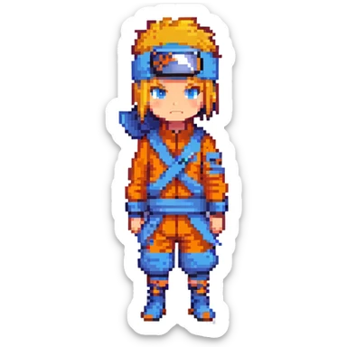 Naruto character in pixel art style, simplified features, orange and blue outfit, ninja headband sticker