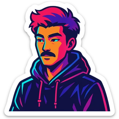 Asian man with black mustache, red hair, black hoodie, in vibrant neon-lit 80's cyberpunk anime style sticker