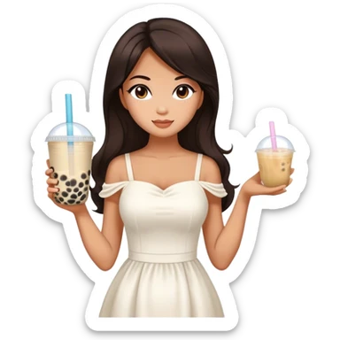 Beautiful woman in 1965’s woman fashion look, white dress, long dark brown hair, bubble tea sticker