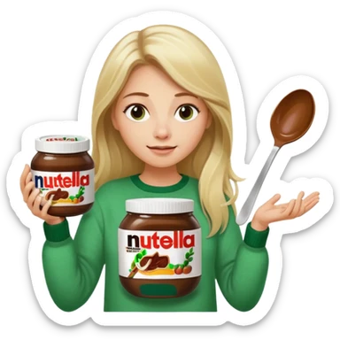 Blond woman with white and green pullover holds in one hand a big carriage of Nutella and in the other hand a oversized spoon which is inside the jar of Nutella. Her hair is long. And the Nutella jar is very big sticker