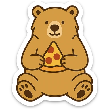 flat toon style blonde grizzly bear sitting, full body, holding a slice of cheese pizza sticker