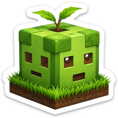 A 3D Apple-style emoji of a Minecraft grass block, cubic shape, with bright green grass on top and brown soil with pixel texture on the sides, simple and cute cartoon design. sticker