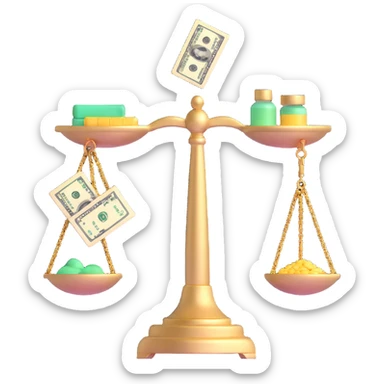 gold scale with dollar bills on one side and beauty products on the other side sticker