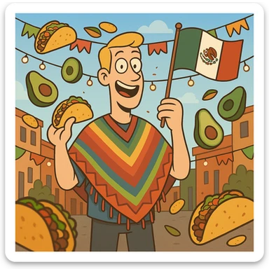 playful cartoon of a tall white American with blonde hair, colorful poncho, smiling, holding taco and avocado, waving Mexico flag, surrounded by tacos and avocados, street party scene sticker