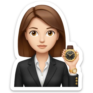 A buissnes Woman with Brown hair and a Gold watch sticker