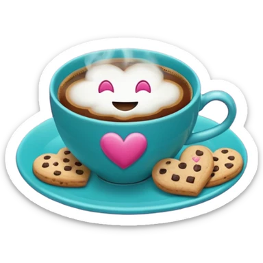 cup of coffee, steaming, the smoke should come out in the shape of a heart, the color of the cup is fuchsia, the cup has a happy face printed on it, the cup rests on a turquoise blue plate, and there are cookies and sugar cubes around the cup. sticker