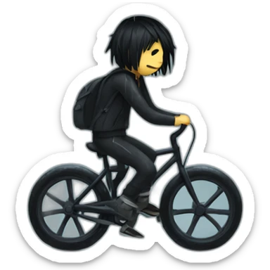 emo man riding a bike in the rain looking sad with blak hair sticker