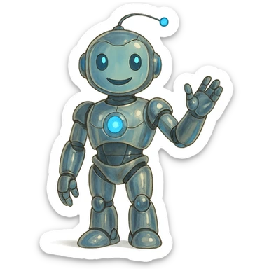 futuristic AI-Ambassador character, sleek humanoid robot with glowing blue accents, friendly expression, chrome and glass elements in ghibli style sticker