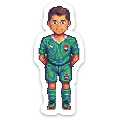 Cristiano Ronaldo as a pixel art character, classic football pose, vibrant colors, 8-bit style sticker
