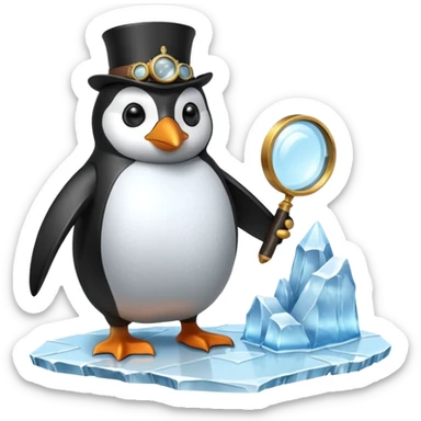 a steampunk engineer penguin analysing a matrix-like data stream descending from the sky, with a magnifying glass on top of an iceberg sticker