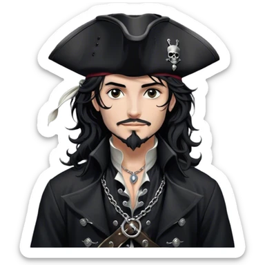 A charismatic pirate with wavy black hair tousled. His black tricorn hat, embroidered with silver, casts a shadow over his confident features. Dark eyes glint with mischief as he gazes to the side, a knowing smile on his lips. His fitted black coat, adorned with silver buttons. A silver chain dangles from his belt sticker
