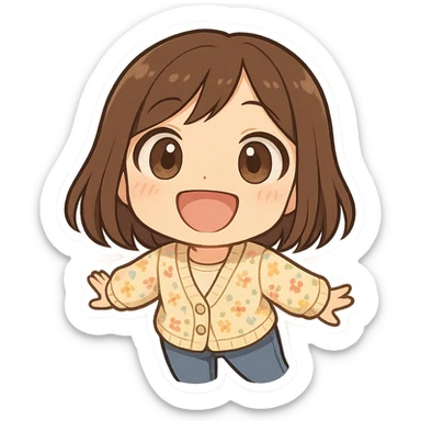 chibi sticker of a girl with brown straight hair and brown eyes, wearing a pastel floral cardigan and jeans, wide fish-eye smile close to the camera, white outline, transparent background, 512x512px sticker