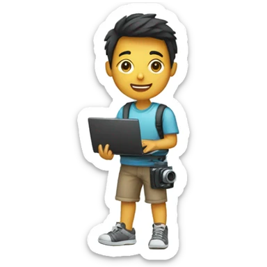 A boy having camera in one hand and laptop in other sticker