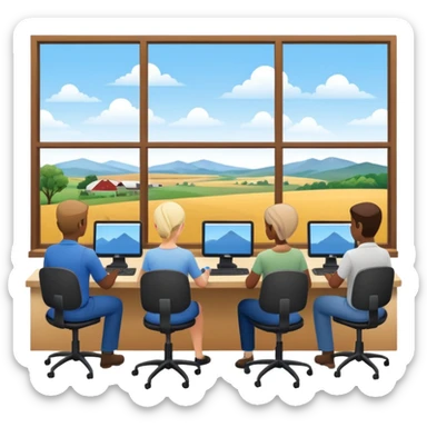 Employees of a startup company working on their computers while looking out the window at the rural landscape.  sticker