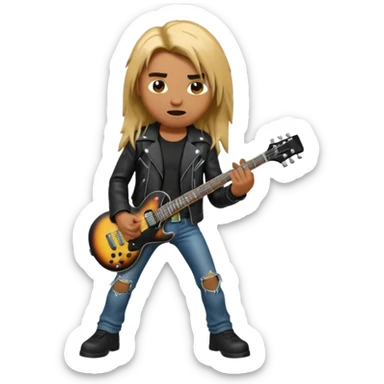 3D Apple-style emoji of a metal musician. Long hair, black leather jacket, ripped jeans, holding an electric guitar. Intense expression, glossy, rounded, smooth, soft shadows, white background.










 sticker