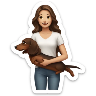 Girl long wavy brown hair smiling and brown eyes with long eyelashes and holding a dachshund  in her arms sticker