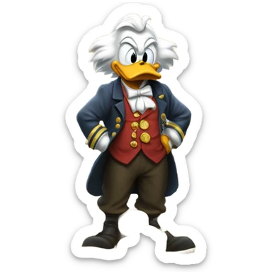 a slim successful looking scrooge mcduck standing atop a pile of money sticker