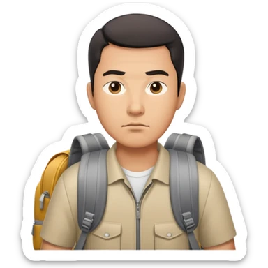 Asian airport dad with a serious face and backpack on sticker