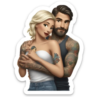 Hyper Realistic beautiful woman in the arms of a very handsome tattooed man playing  sticker